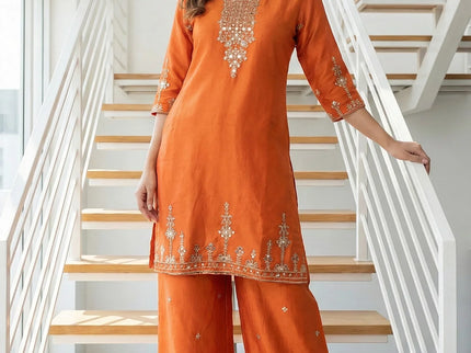 Hand-Embroidered Silk Palazzo Suit Set