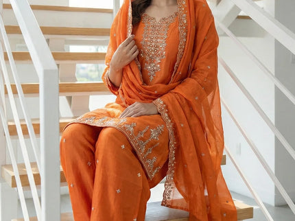 Hand-Embroidered Silk Palazzo Suit Set
