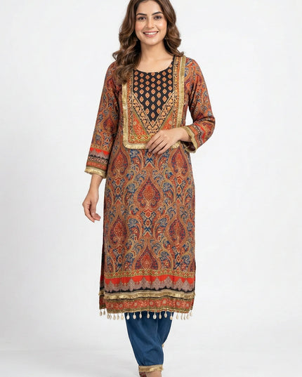 Navy Blue & Rust Paisley Print Designer Kurta Set with Cowrie Shell Tassels & Embroidered Yoke