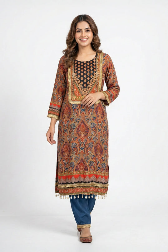 Navy Blue & Rust Paisley Print Designer Kurta Set with Cowrie Shell Tassels & Embroidered Yoke
