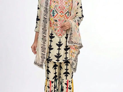 Cream & Black Geometric Print Sharara Set with Mirror Work