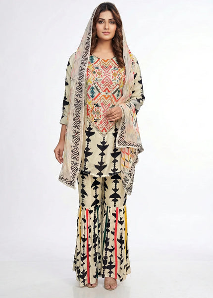 Cream & Black Geometric Print Sharara Set with Mirror Work
