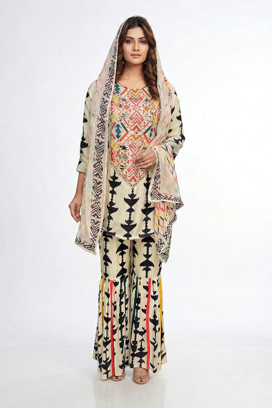 Cream & Black Geometric Print Sharara Set with Mirror Work