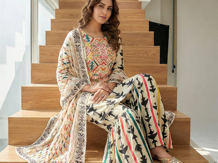 Cream & Black Geometric Print Sharara Set with Mirror Work