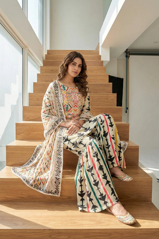 Cream & Black Geometric Print Sharara Set with Mirror Work