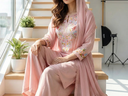 Blush Pink Floral Embroidered Suit Set