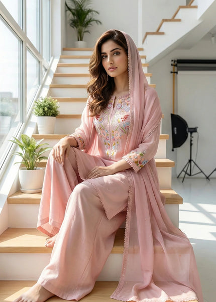 Blush Pink Floral Embroidered Suit Set