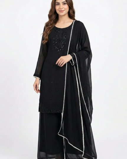 Elegant Jet Black Embellished Georgette Suit Set