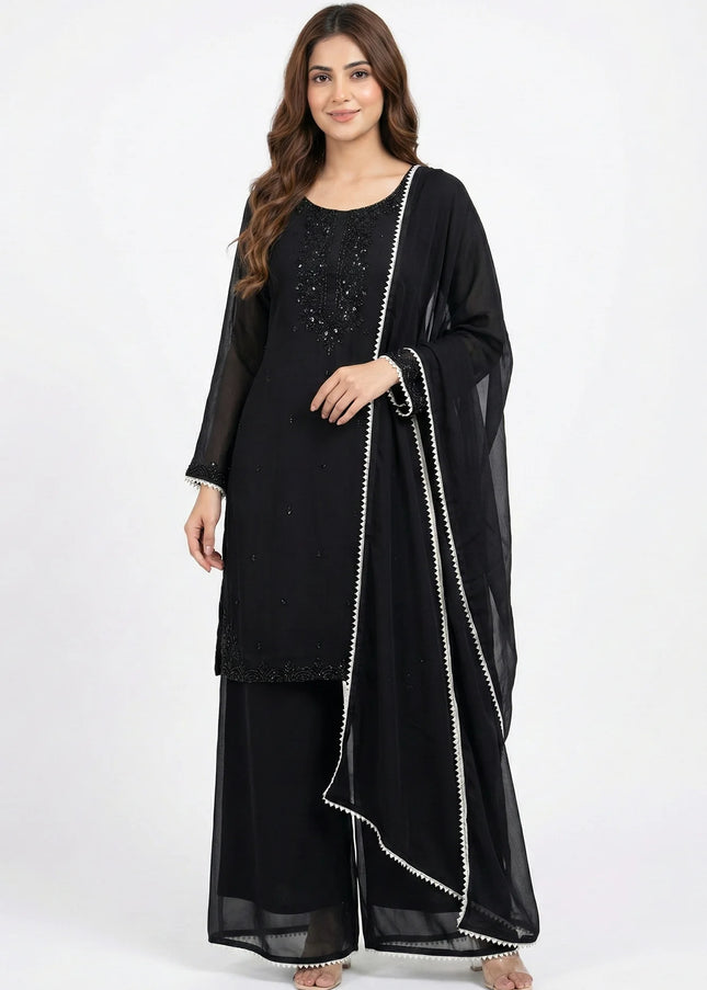 Elegant Jet Black Embellished Georgette Suit Set