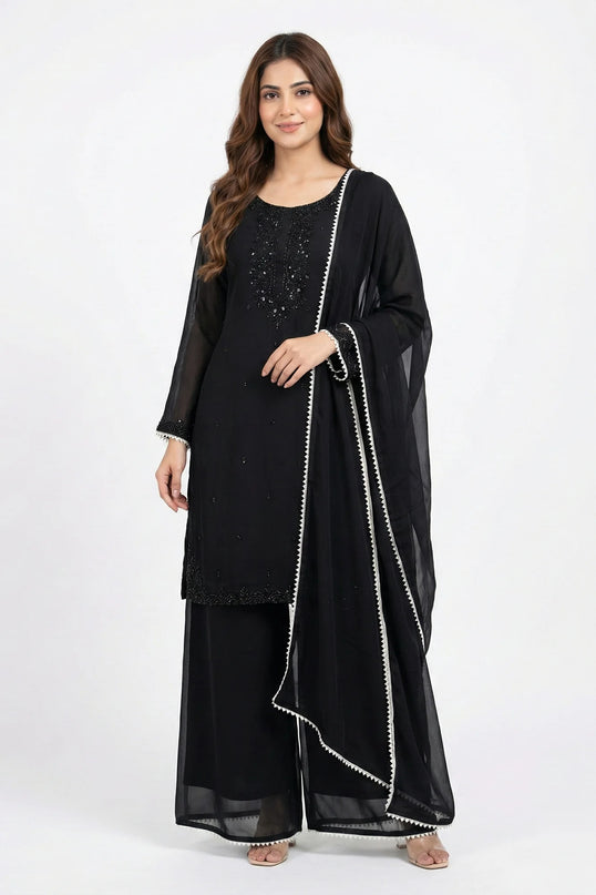 Elegant Jet Black Embellished Georgette Suit Set