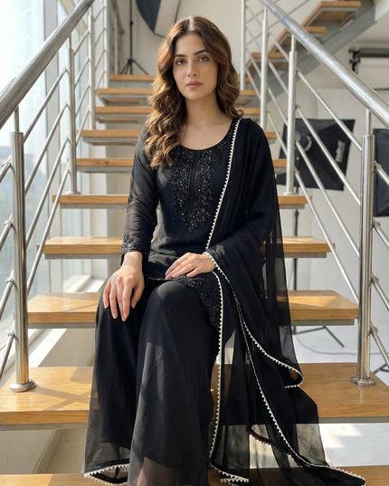 Elegant Jet Black Embellished Georgette Suit Set