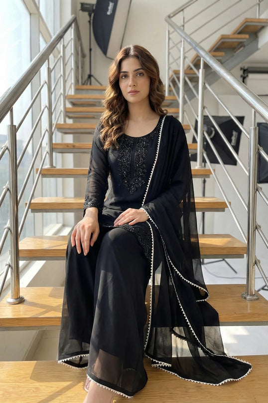 Elegant Jet Black Embellished Georgette Suit Set