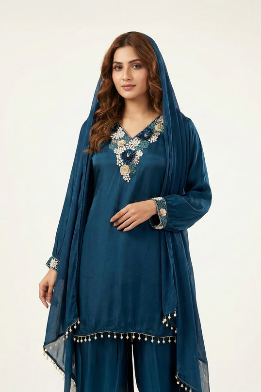 3D Floral Embroidered Silk Suit Set