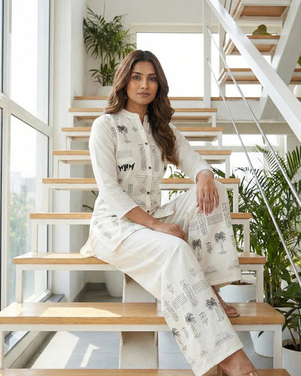 Ivory Palm & Geometric Motif Co-ord Set