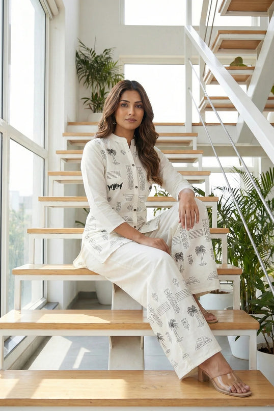 Ivory Palm & Geometric Motif Co-ord Set