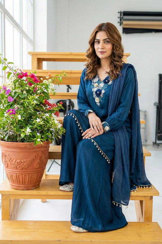 3D Floral Embroidered Silk Suit Set