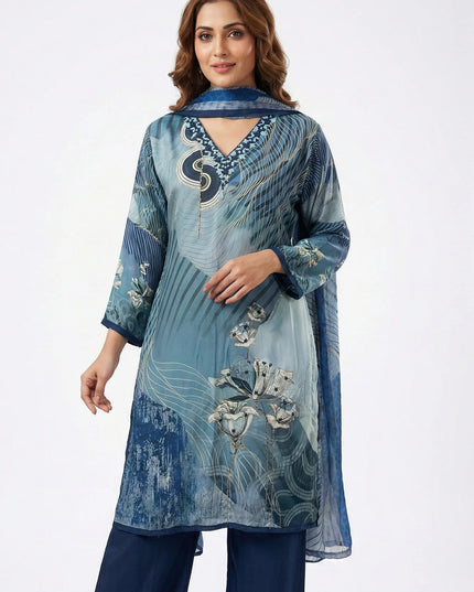 Teal Blue Abstract Floral Print Suit Set with Hand-Beaded Neckline