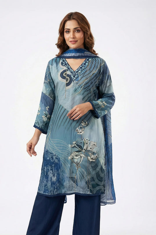 Teal Blue Abstract Floral Print Suit Set with Hand-Beaded Neckline