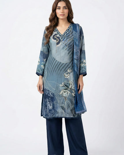 Teal Blue Abstract Floral Print Suit Set with Hand-Beaded Neckline