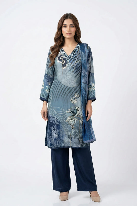 Teal Blue Abstract Floral Print Suit Set with Hand-Beaded Neckline