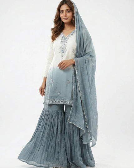 White & Steel Blue Ombre Embroidered Sharara Set
