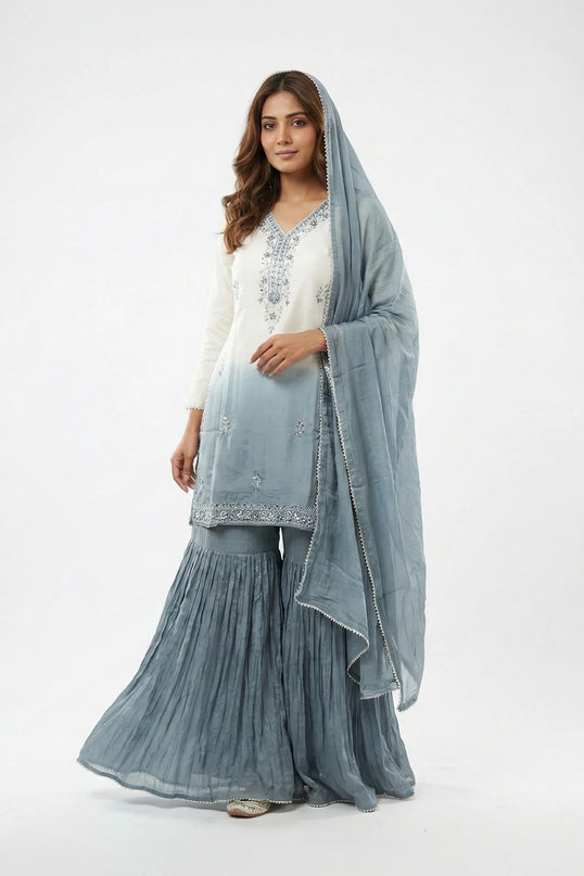 White & Steel Blue Ombre Embroidered Sharara Set