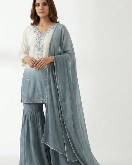 White & Steel Blue Ombre Embroidered Sharara Set