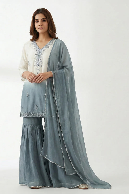 White & Steel Blue Ombre Embroidered Sharara Set