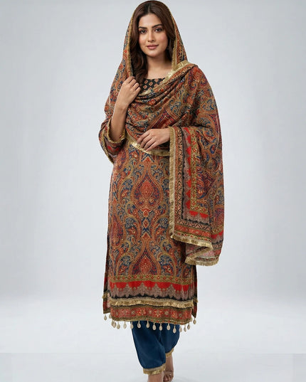 Navy Blue & Rust Paisley Print Designer Kurta Set with Cowrie Shell Tassels & Embroidered Yoke