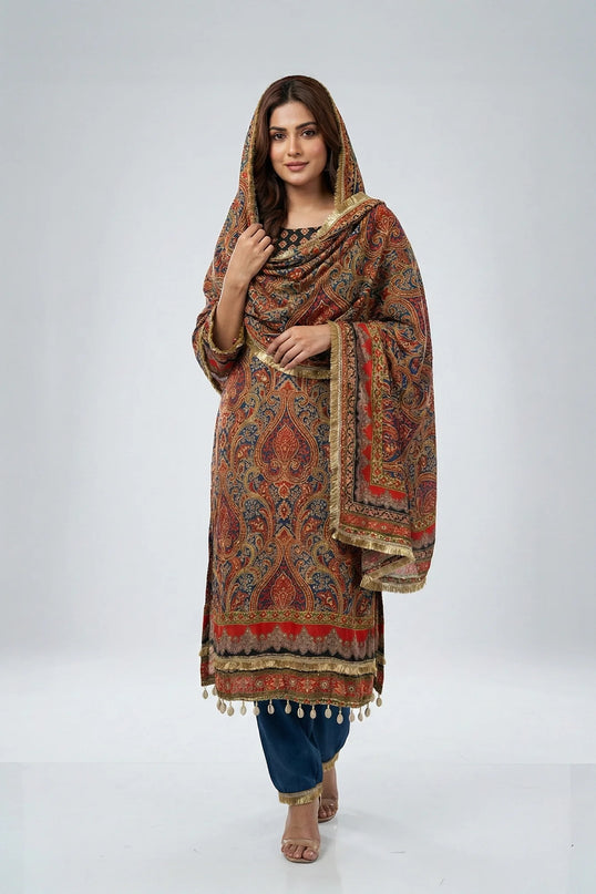 Navy Blue & Rust Paisley Print Designer Kurta Set with Cowrie Shell Tassels & Embroidered Yoke