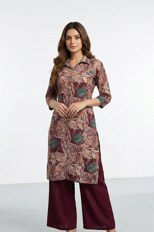 Burgundy Tropical Leaf Print Shirt-Style Kurta