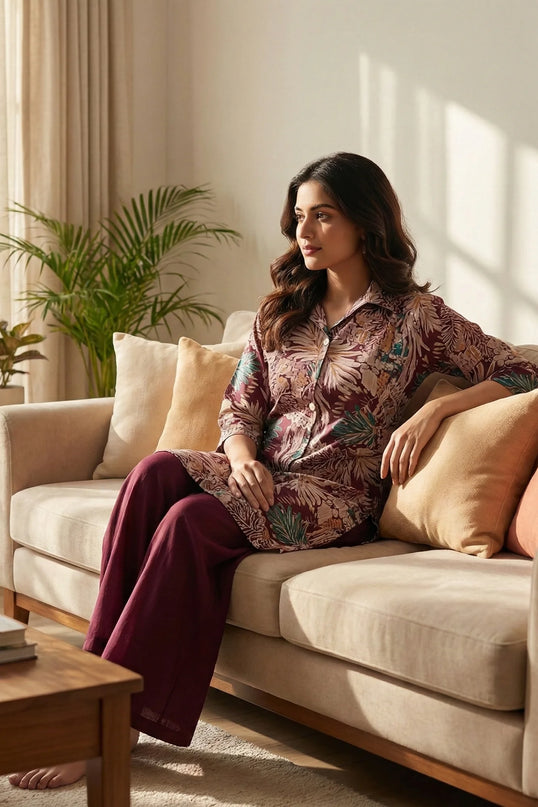 Burgundy Tropical Leaf Print Shirt-Style Kurta