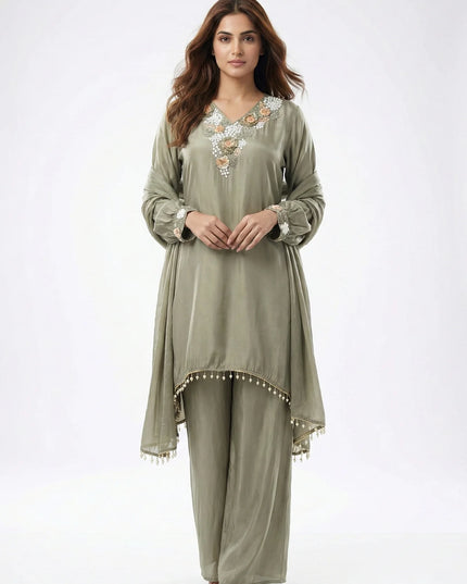 3D Floral Embroidered Silk Suit Set