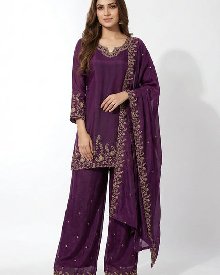 Purple Silk Palazzo Suit with Gold Zari Embroidery & Scalloped Hem