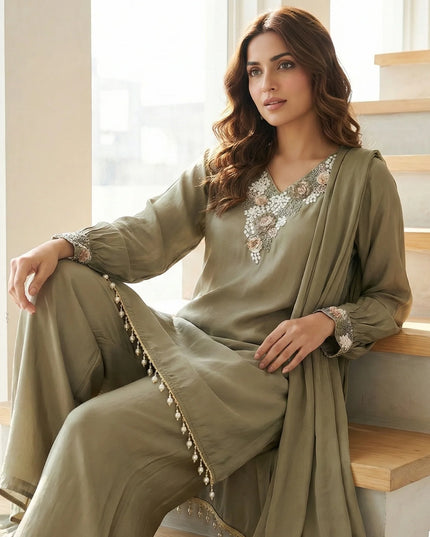 3D Floral Embroidered Silk Suit Set