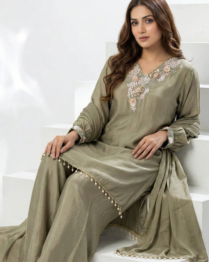 3D Floral Embroidered Silk Suit Set