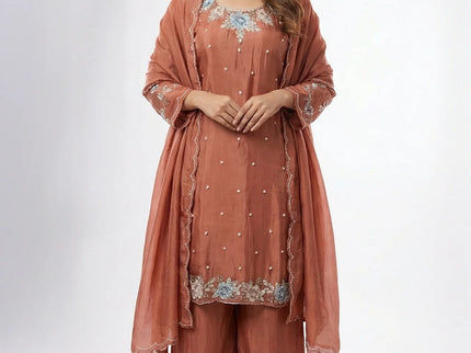 Luxury Shimmer Silk Scalloped Kurta and Palazzo Set