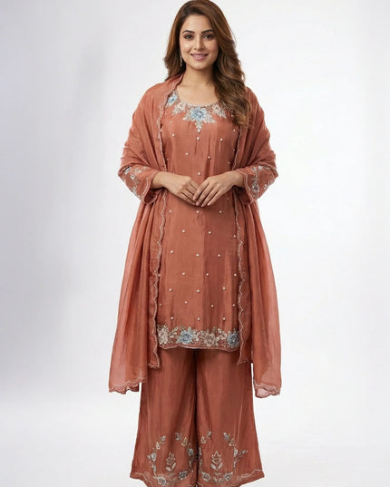 Luxury Shimmer Silk Scalloped Kurta and Palazzo Set