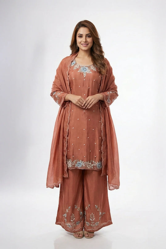 Luxury Shimmer Silk Scalloped Kurta and Palazzo Set
