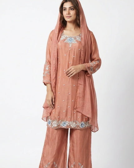 Luxury Shimmer Silk Scalloped Kurta and Palazzo Set