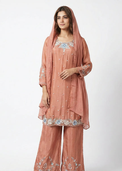 Luxury Shimmer Silk Scalloped Kurta and Palazzo Set