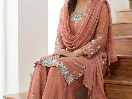 Luxury Shimmer Silk Scalloped Kurta and Palazzo Set