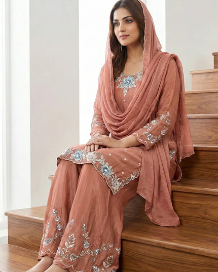 Luxury Shimmer Silk Scalloped Kurta and Palazzo Set