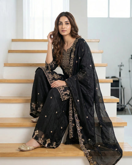 legant Embroidered Silk Palazzo Suit with Scalloped Dupatta