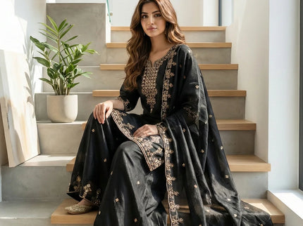 Hand-Embroidered Silk Palazzo Suit Set