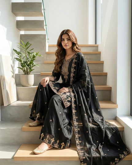 legant Embroidered Silk Palazzo Suit with Scalloped Dupatta