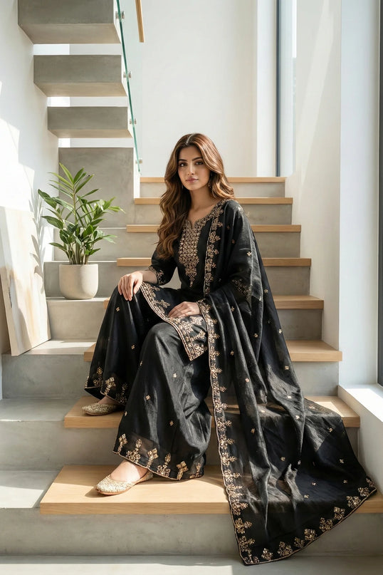 legant Embroidered Silk Palazzo Suit with Scalloped Dupatta