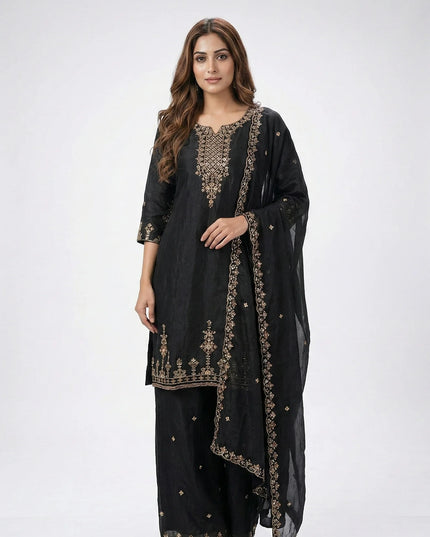 legant Embroidered Silk Palazzo Suit with Scalloped Dupatta