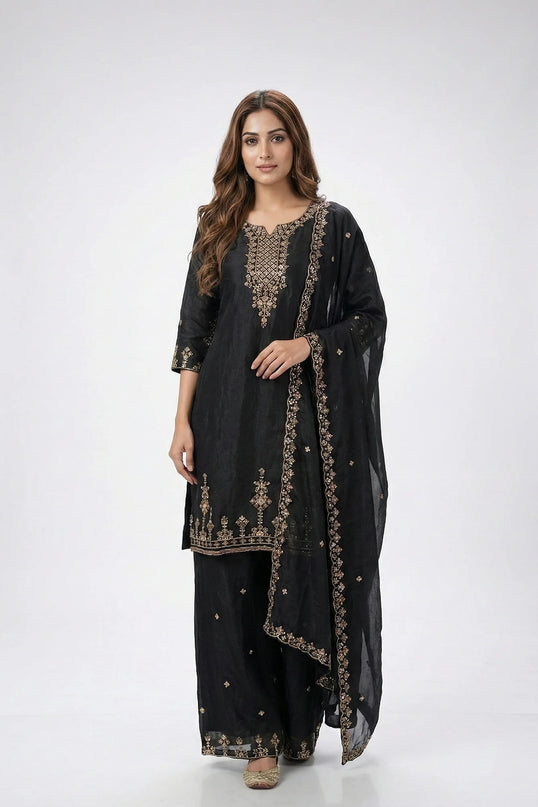 legant Embroidered Silk Palazzo Suit with Scalloped Dupatta