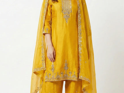 Hand-Embroidered Silk Palazzo Suit Set